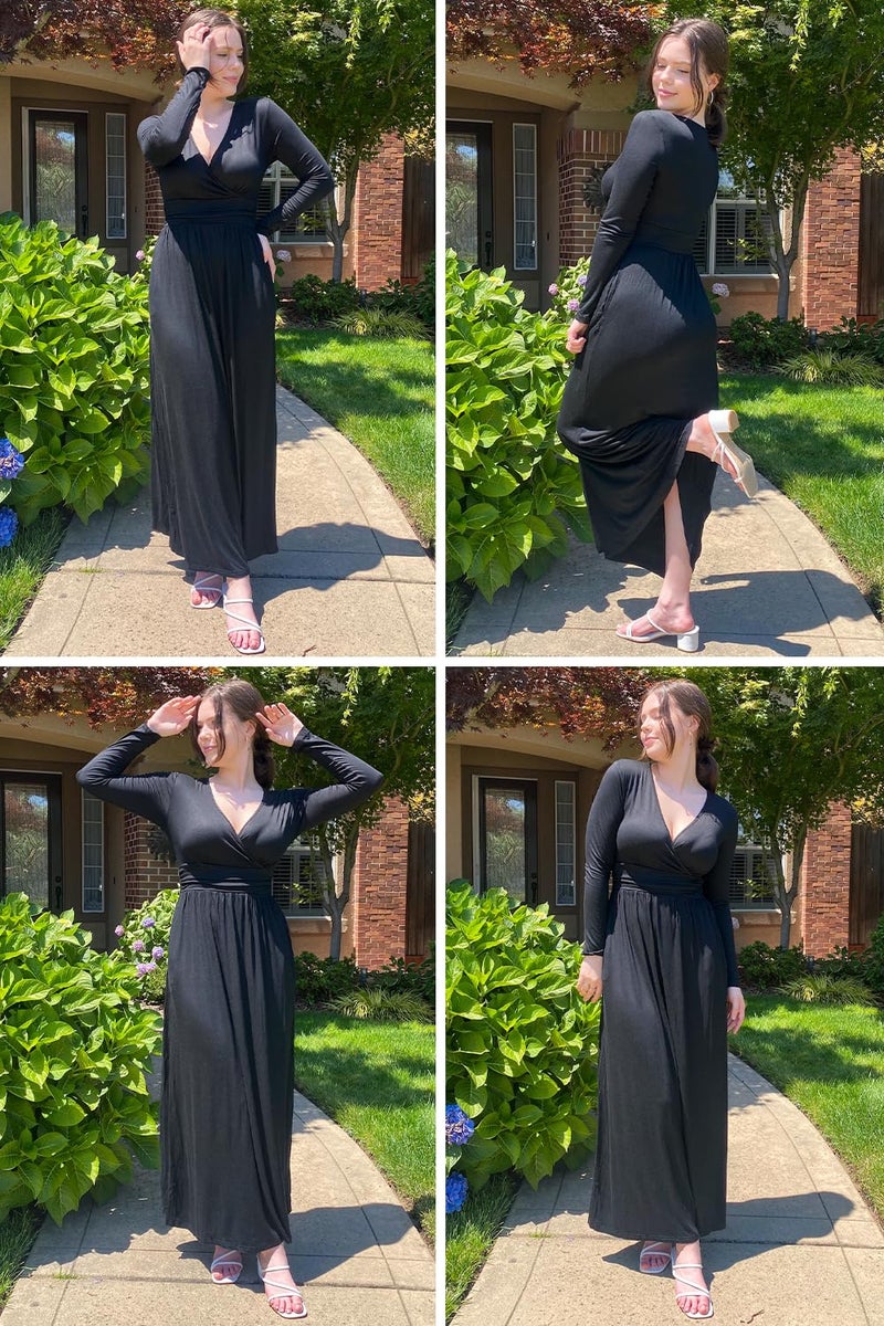 OUGES Womens Long Sleeve Black Dress V-Neck Wrap Waist Fall Formal Maxi Dress Winter Dresses for Women 2026(Black,XXL) - Image 2